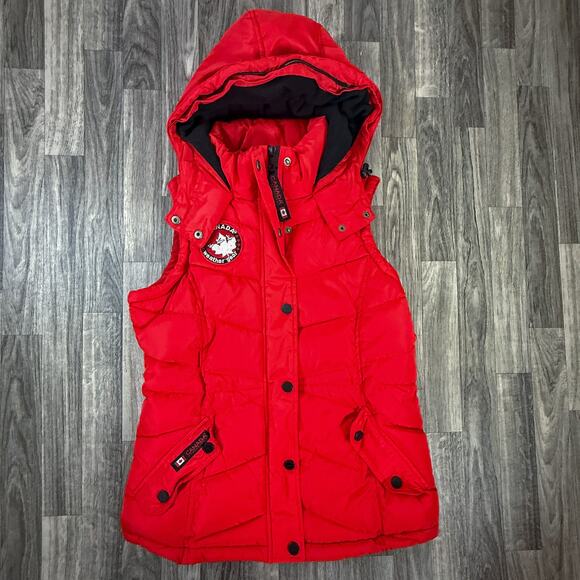 Red Canada Weather Gear Hooded Puffer Vest Faux-Fur Trim Cozy Outerwear - Picture 1 of 9